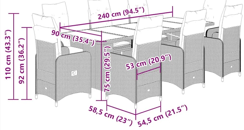 9 pcs conjunto de bistrô para jardim c/ almofadões vime PE bege