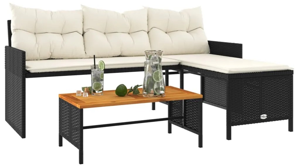 Sofá de jardim em forma de L c/ mesa e almofadões vime PE preto