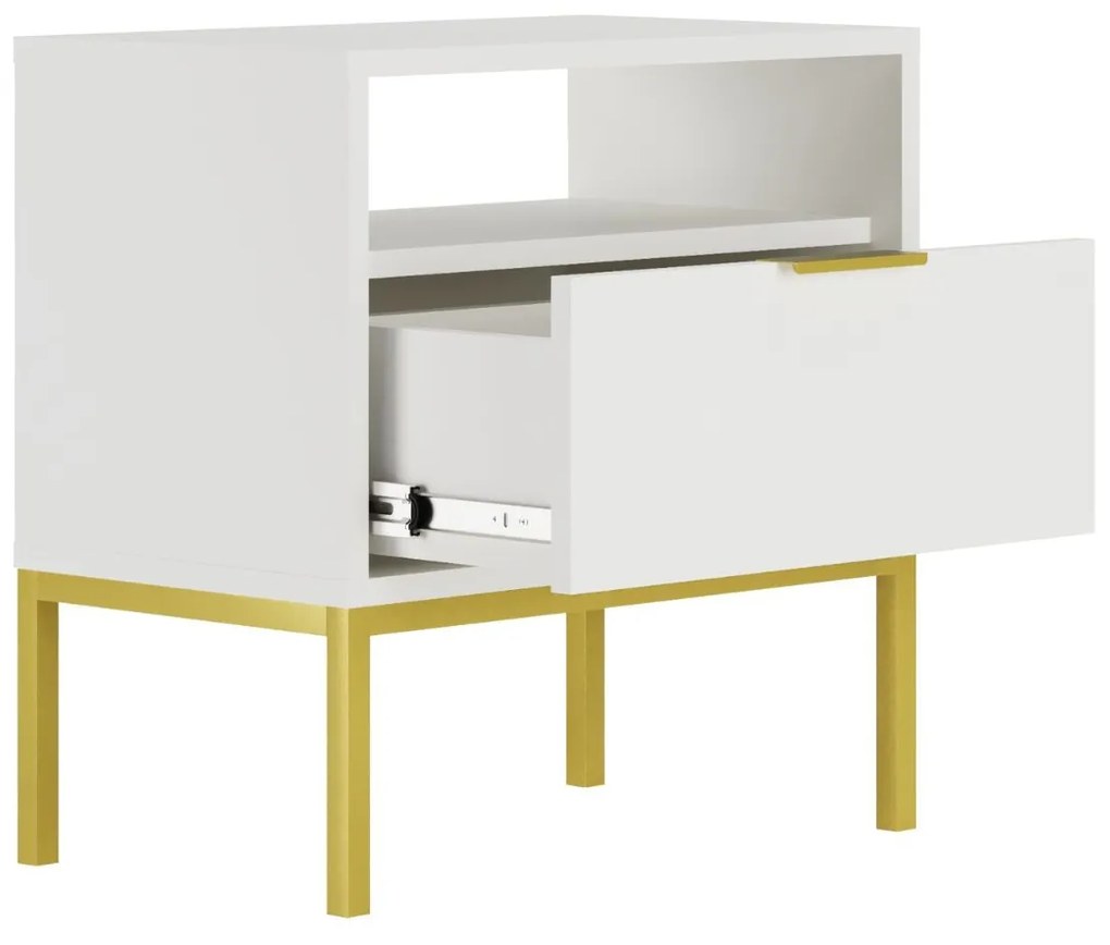 Mesa de Cabeceira "AUSTIN" - 45×55×33 cm - Branco e Dourado - Design M