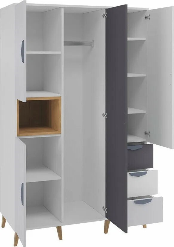 Roupeiro Domvera 100, Carvalho lefkas, Branco, Grafite, Cinzento, 190x120x55cm, 111.5 kg, Portas para roupeiro: Com dobradiças, Número de prateleiras: 7, Número de prateleiras: 7