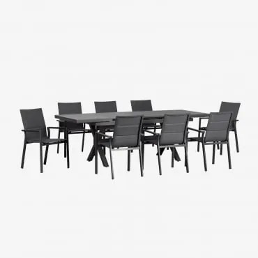 Conjunto De Mesa Extensível Retangular Karena 180-240x90 Cm E 8 Cadeiras De Jardim Empilháveis Com Braços De Alumínio Cinza Grafito - Sklum