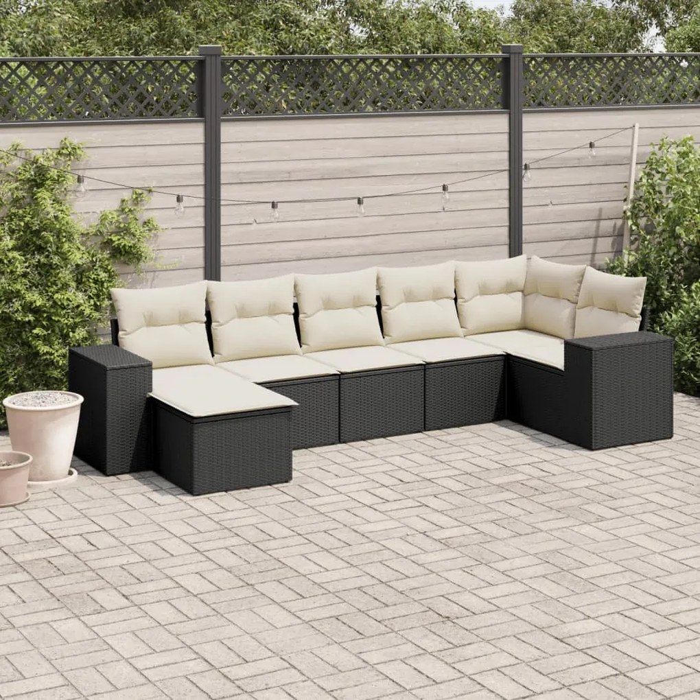 7 pcs conjunto de sofás p/ jardim c/ almofadões vime PE preto