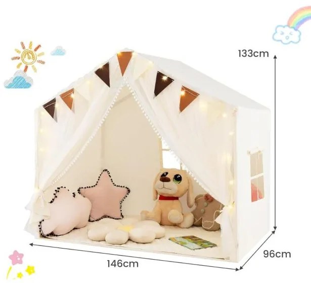 Tenda para crianças 120 x 105 x 140 cm Estrutura de madeira sólida e tapete de algodão, casa com loja, porta e janela bege