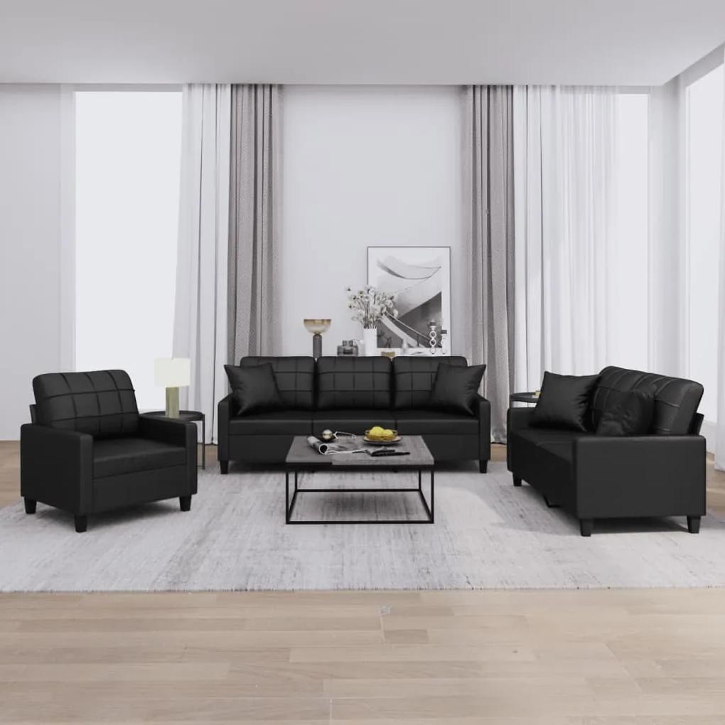 3201348 vidaXL 3 pcs conjunto de sofás com almofadas couro artificial preto