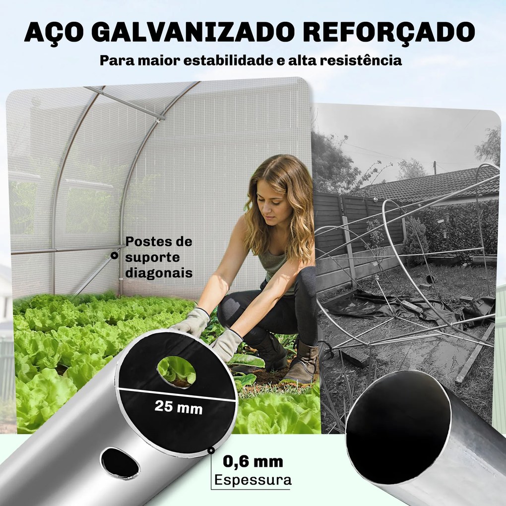 Estufa de Túnel 6x3x2 m com Porta de Dobradiças,12 Janelas com Rede e Estrutura de Aço Galvanizado Branco
