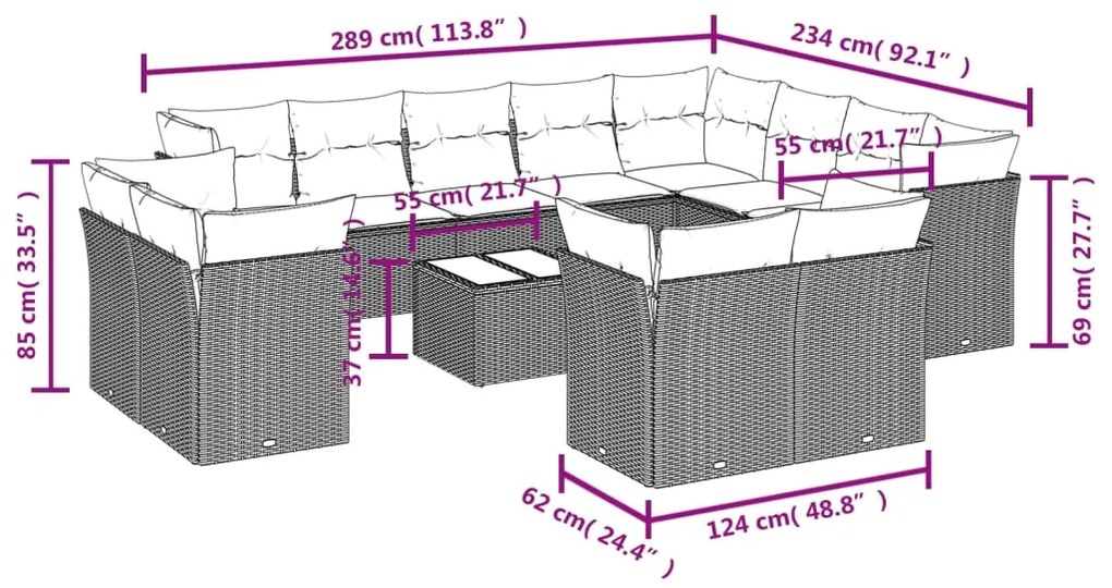 13 pcs conjunto de sofás de jardim com almofadões vime PE preto