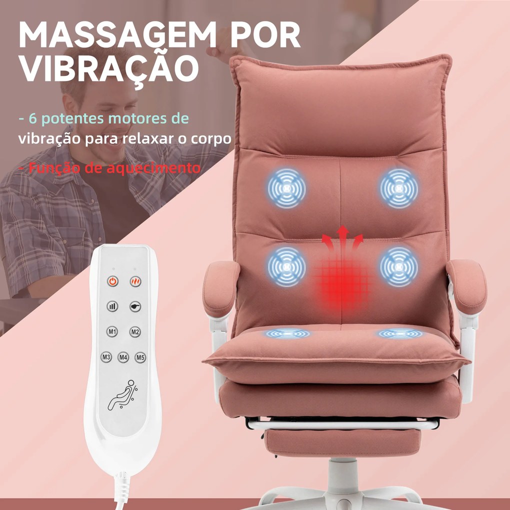 Cadeira de Escritório com 6 Pontos de Massagem e 5 Modos Reclinável com Função de Aquecimento 66x74x114-121,5 cm Rosa