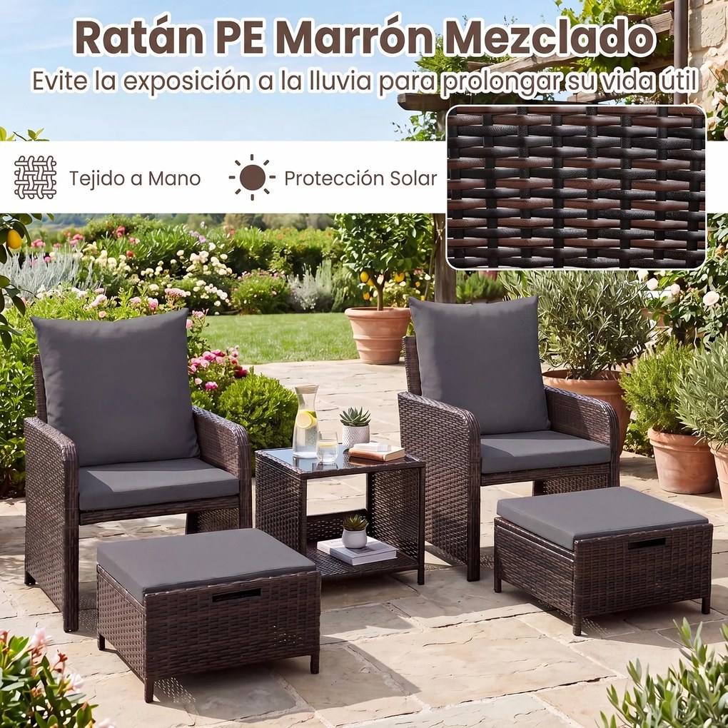 Conjunto de 5 Peças de Mobiliário de Jardim, 2 Cadeiras, Mesa e 2 Apoios para os Pés, 45,5 x 45,5 x 43 cm, Rattan PE Resistente, Cinzento