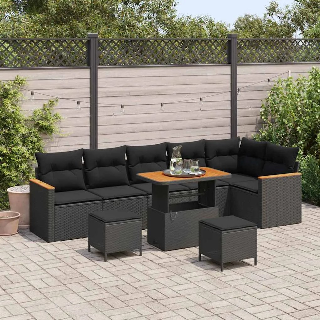 Conjunto de Sofá de Jardim vidaXL 9 Peças com Almofadas Preto Vime Polipropileno Acácia