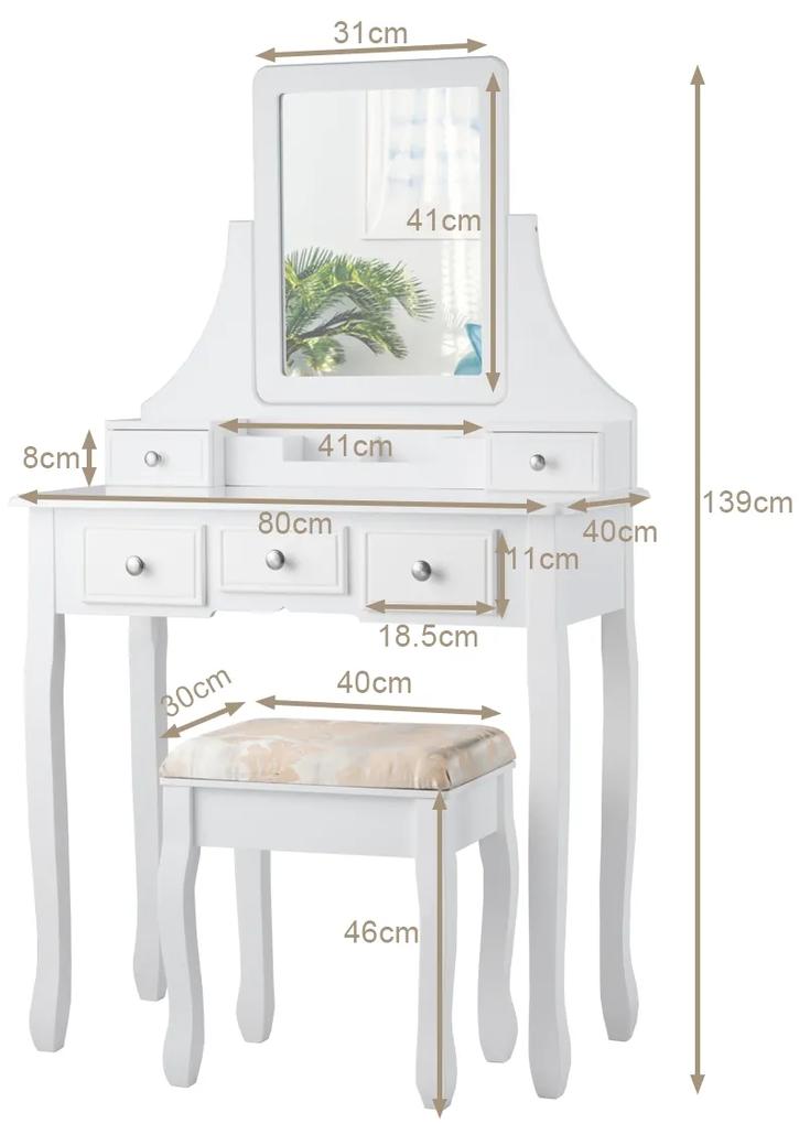 Mesa de toucador com 5 gavetas de compartimento amovível e espelho quadrado para Quarto 80 x 40 x 139 cm  Branco
