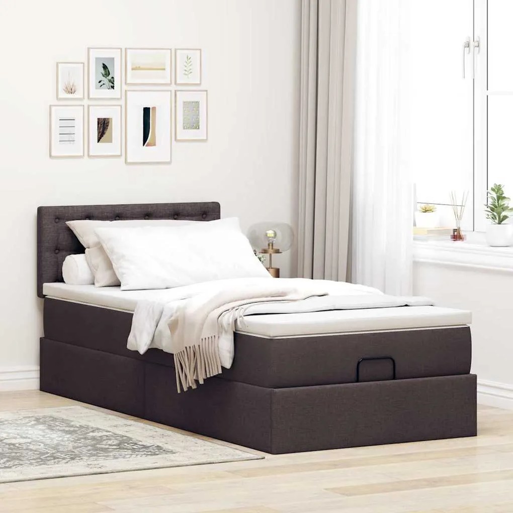 Cama otomana com colchão & LEDs 90x200cm tecido castanho escuro