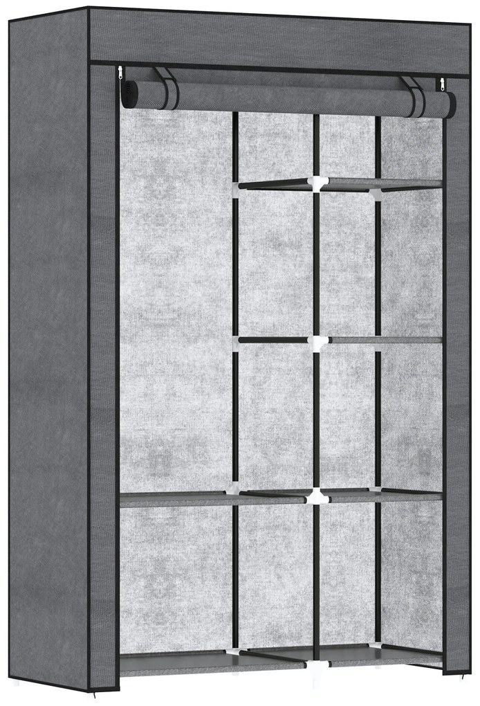 HOMCOM Roupeiro de Tecido Dobrável Armário de Roupa Portátil com 6 Prateleiras e 1 Barra de Pendurar para Dormitório Vestidor 103x43x162,5 cm Cinzento