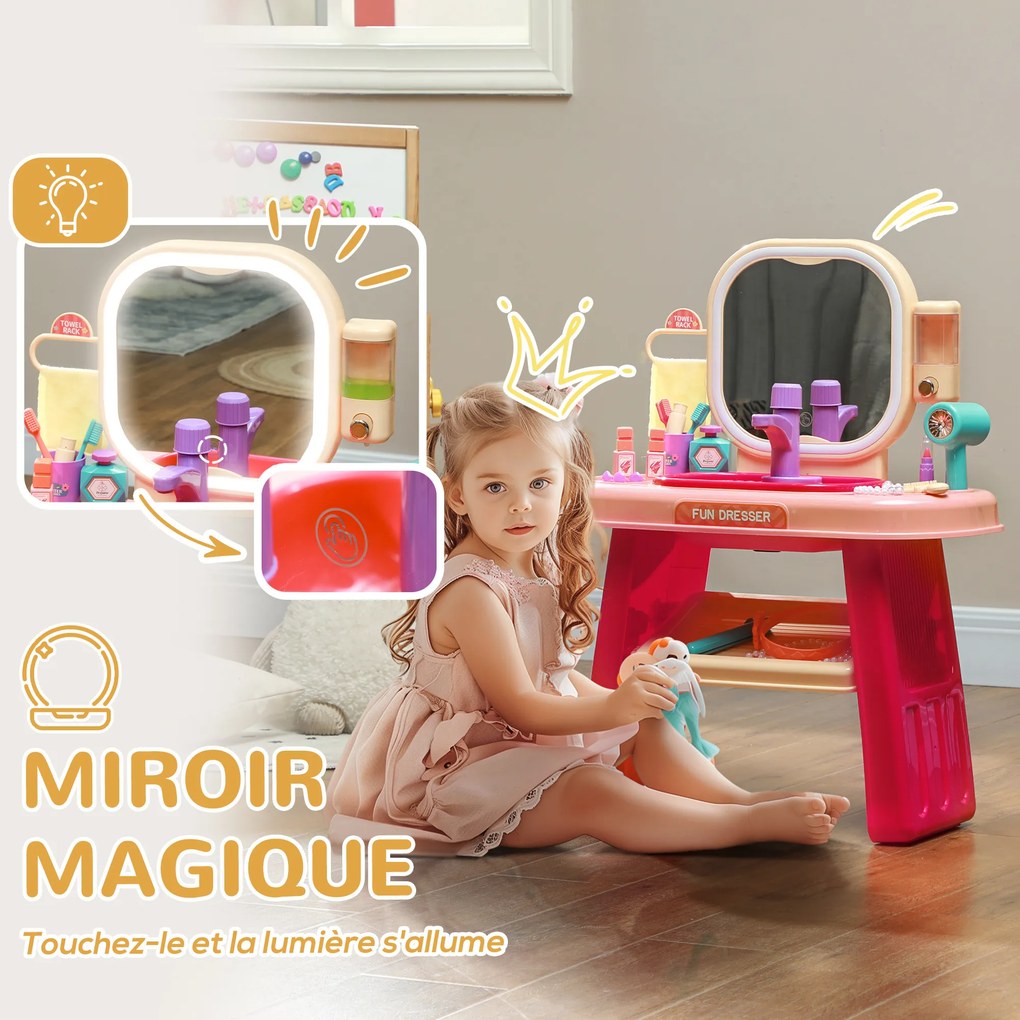 Conjunto de 23 Peças de Toucador Infantil, 55 x 29 x 71 cm, Espelho com Luz LED, Cor-de-Rosa