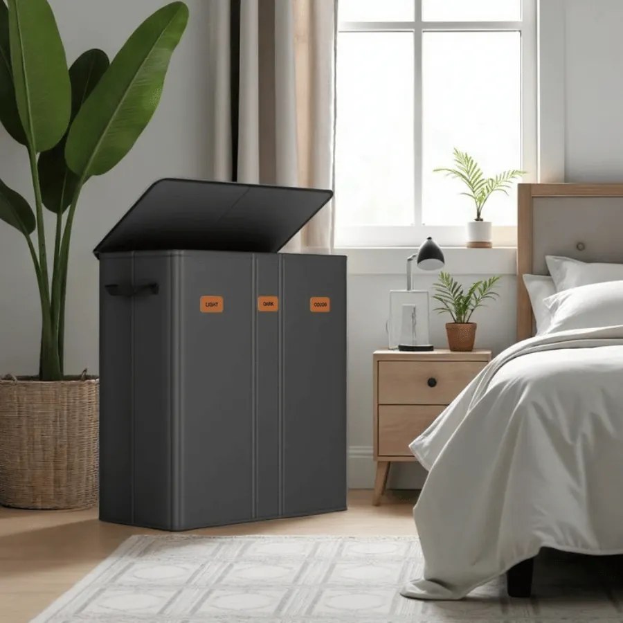 Cesto da roupa suja 160L com 3 compartimentos 64 x 33 x 75 cm, sacos interiores removíveis e laváveis, cesto da roupa com tampa preto