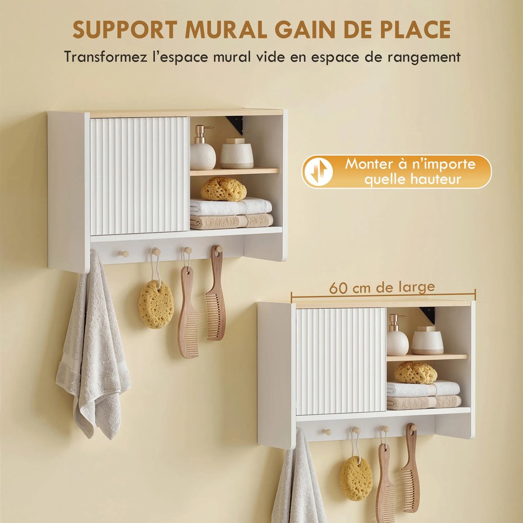 Armário de parede para casa de banho 60 (L) x 20 (P) x 40 (A) cm, móvel de arrumação para casa de banho com porta, prateleiras abertas e 5 ganchos bra