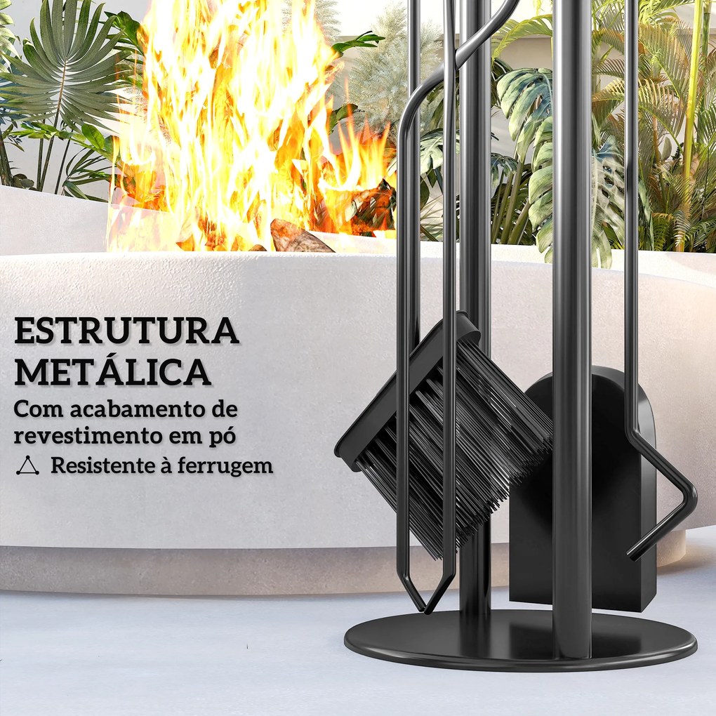 Conjunto de Acessórios para Lareira de 5 Peças de Metal com Vassoura Pá Tenazes Atiçador e Suporte 20x20x71 cm Dourado