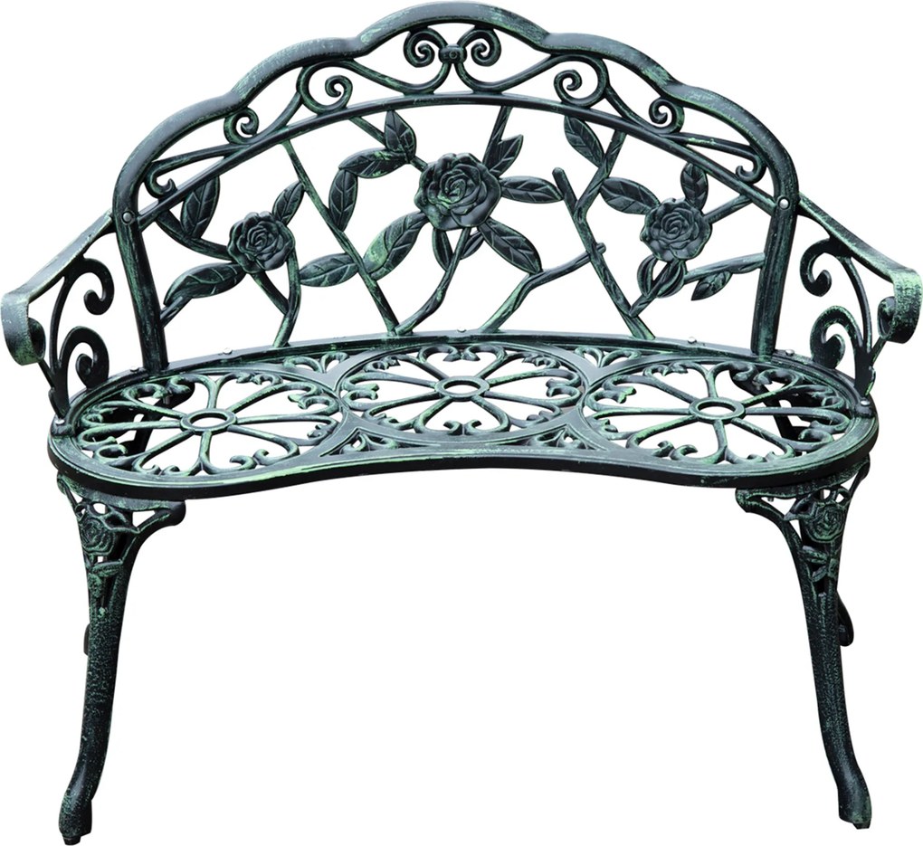 Banco de jardim de 2 lugares 100 x 54 x 78 cm , estilo néo-retro, com padrão de rosas e linhas cónicas, em fundição de alumínio, verde envelhecido