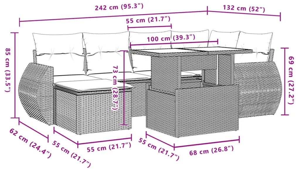 7 pcs conjunto de sofás p/ jardim com almofadões vime PE bege