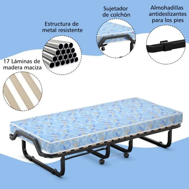 Cama de solteiro dobrável com colchão de espuma viscoelástica Estrutura metálica portátil com rodas para escritório em casa 90 x 200 x 41 cm