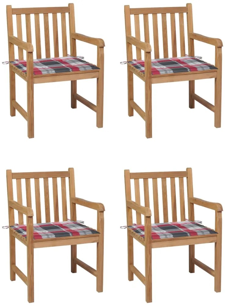 vidaXL Cadeiras jardim c/ almofadões xadrez vermelho 4 pcs teca maciça