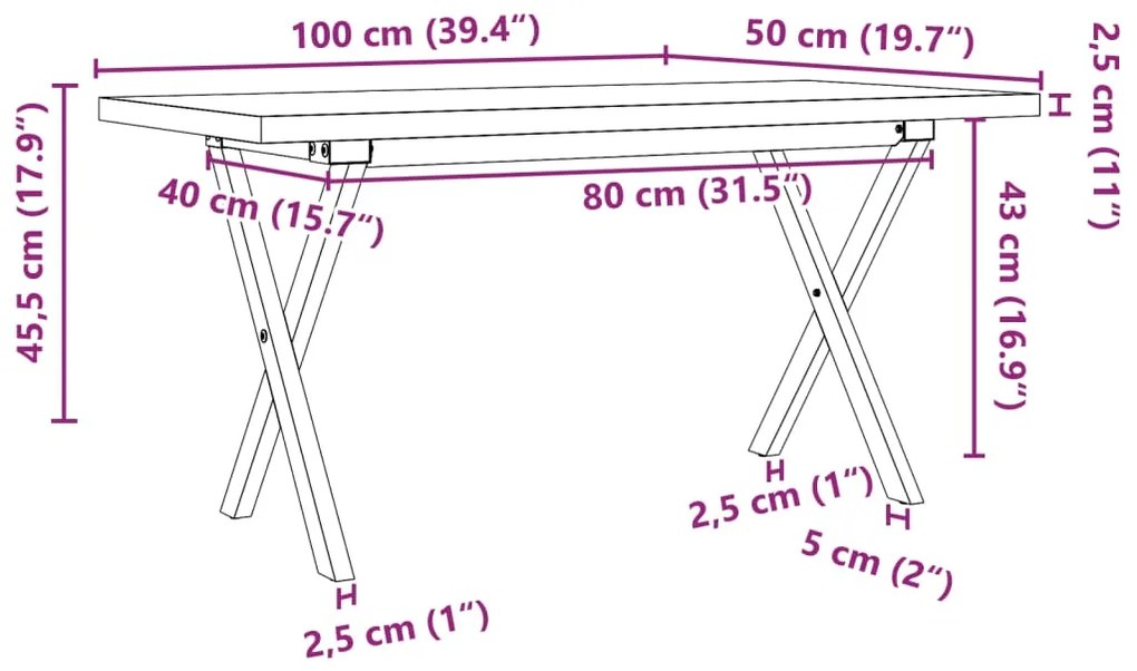 Mesa de centro estrutura em X 100x50x45,5cm pinho/aço
