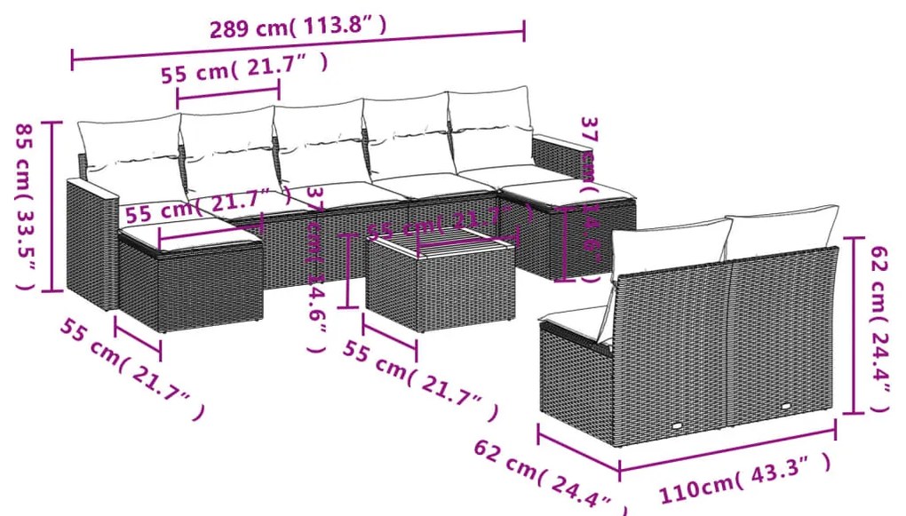 10 pcs conjunto sofás de jardim c/ almofadões vime PE cinzento