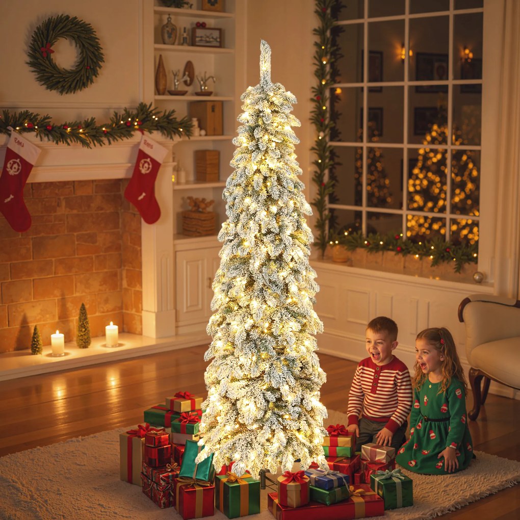 Árvore de Natal Estreita 225 cm Árvore de Natal efeito neve com Luzes LED Temporizador 11 Modos de Iluminação Verde