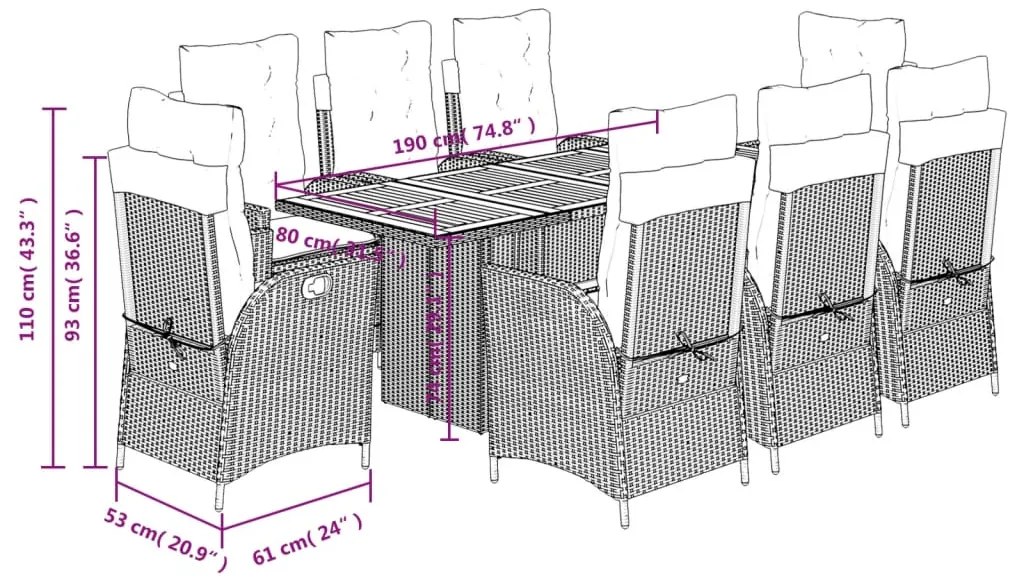 9 pcs conjunto de jantar p/ jardim c/ almofadões vime PE cinza