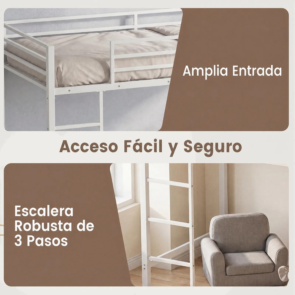 Cama Alta Infantil com Estantes para Arrumação, 196 x 96 x 126 cm (COLCHÃO NÃO INCLUIDO), Estrutura Metálica Reforçada, Branco