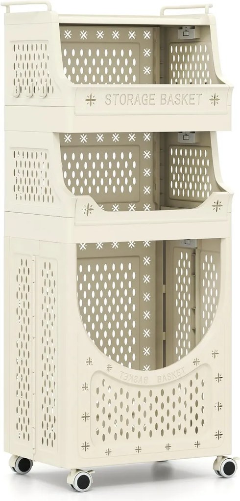 Carrinho para roupa suja 40 x 30 x 100 cm com 4 níveis com Cesto dobrável com 2 cestos 6 ganchos para pendurar com rodas bege