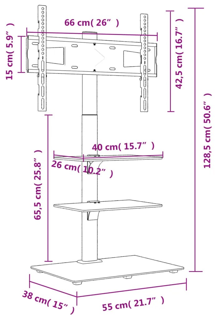 Suporte de canto para TV 32-65 polegadas c/ 3 prateleiras preto