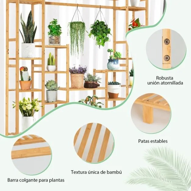 Estante de bambu para plantas 2 em 1 prateleira suspensa com 9 níveis de altura ajustável para jardim de varanda 167 x 30 x 166 cm Natural