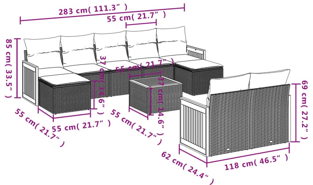 10 pcs conjunto sofás de jardim c/ almofadões vime PE cinzento