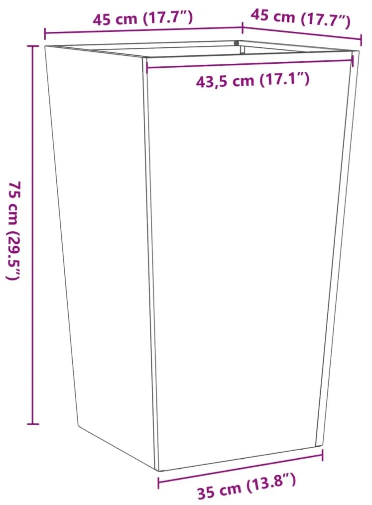 Vaso/floreira de jardim 45x45x75 cm aço galvanizado