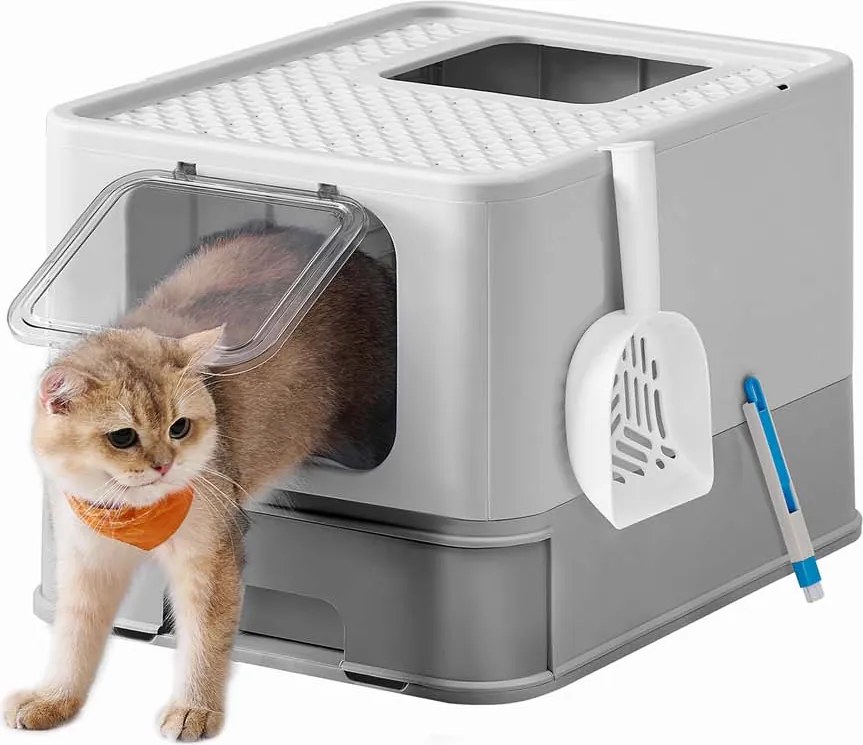 Caixa de areia gatos com tampa e pá 54,3 x 42,5 x 37,8 cm cinzento claro-Cinzento