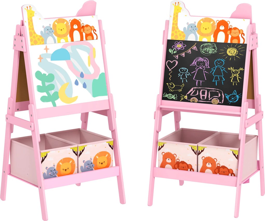 Quadro infantil com cavalete, dupla face, com 2 caixas de arrumação, para crianças dos 3 aos 8 anos, 49 x 53,5 x 113 cm, cor-de-rosa