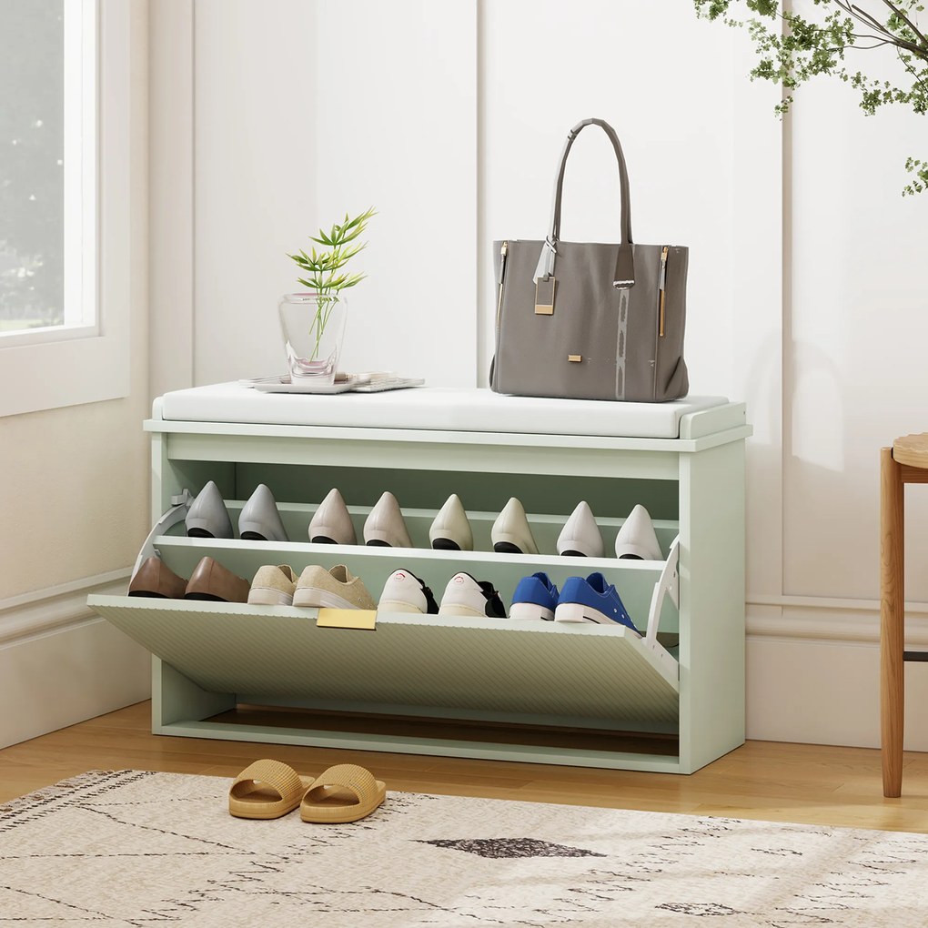 Banco Sapateira com Assento Acolchoado Gaveta Rebatível Prateleira Ajustável para Entrada ou Quarto 80x26x47,5 cm Verde Claro