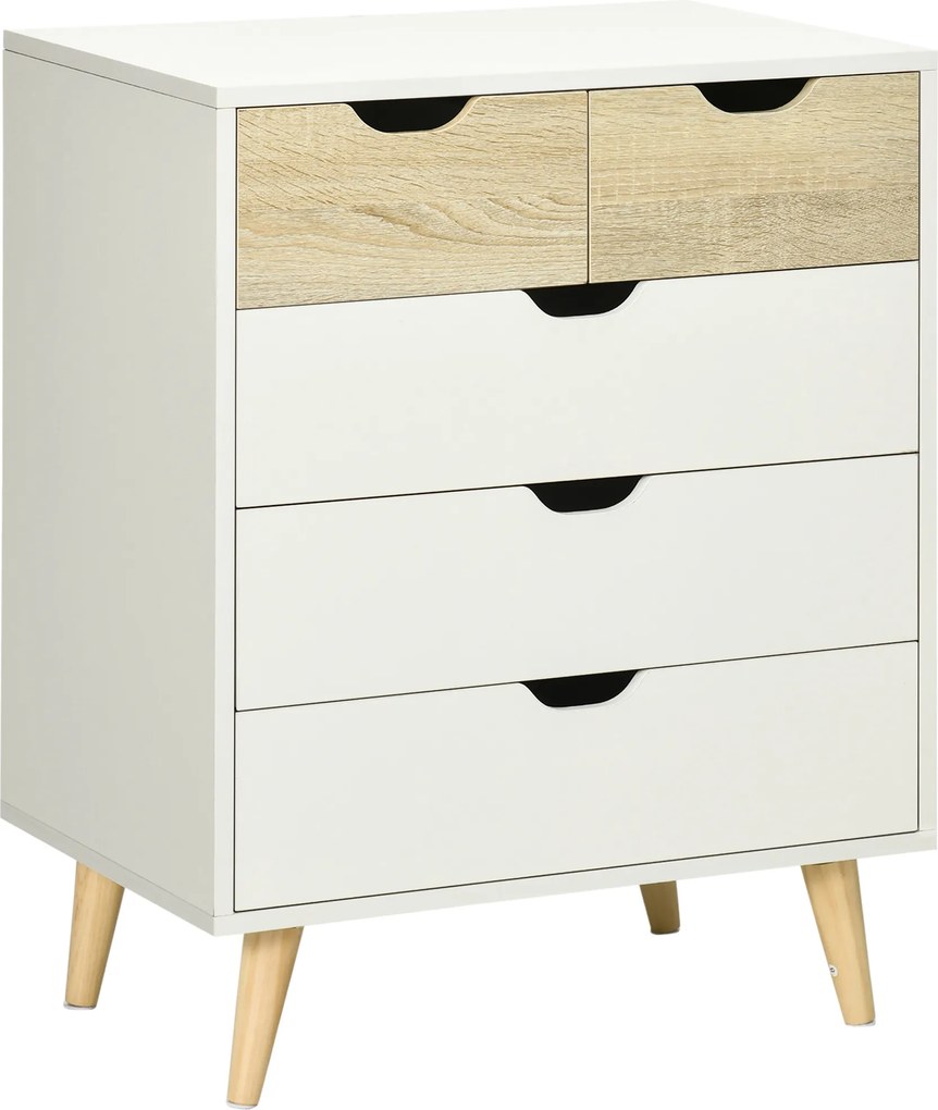 HOMCOM Cómodas Quarto Cómoda Branca 5 Gavetas e Pés Elevados Moderno Anti-Tombo 60x40x77,5cm Madeira | Aosom Portugal