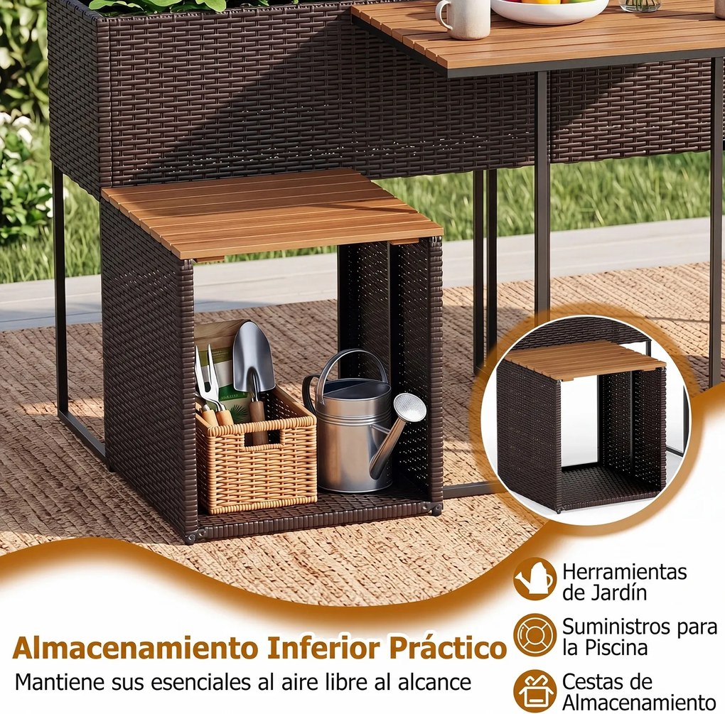 Conjunto de Canteiro Elevado, Mesa e 2 Cadeiras de Jardim, 150 x 70 x 73 cm, Arrumação Integrada, Castanho