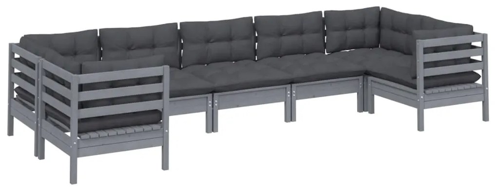 7 pcs conjunto lounge de jardim c/ almofadões pinho cinza