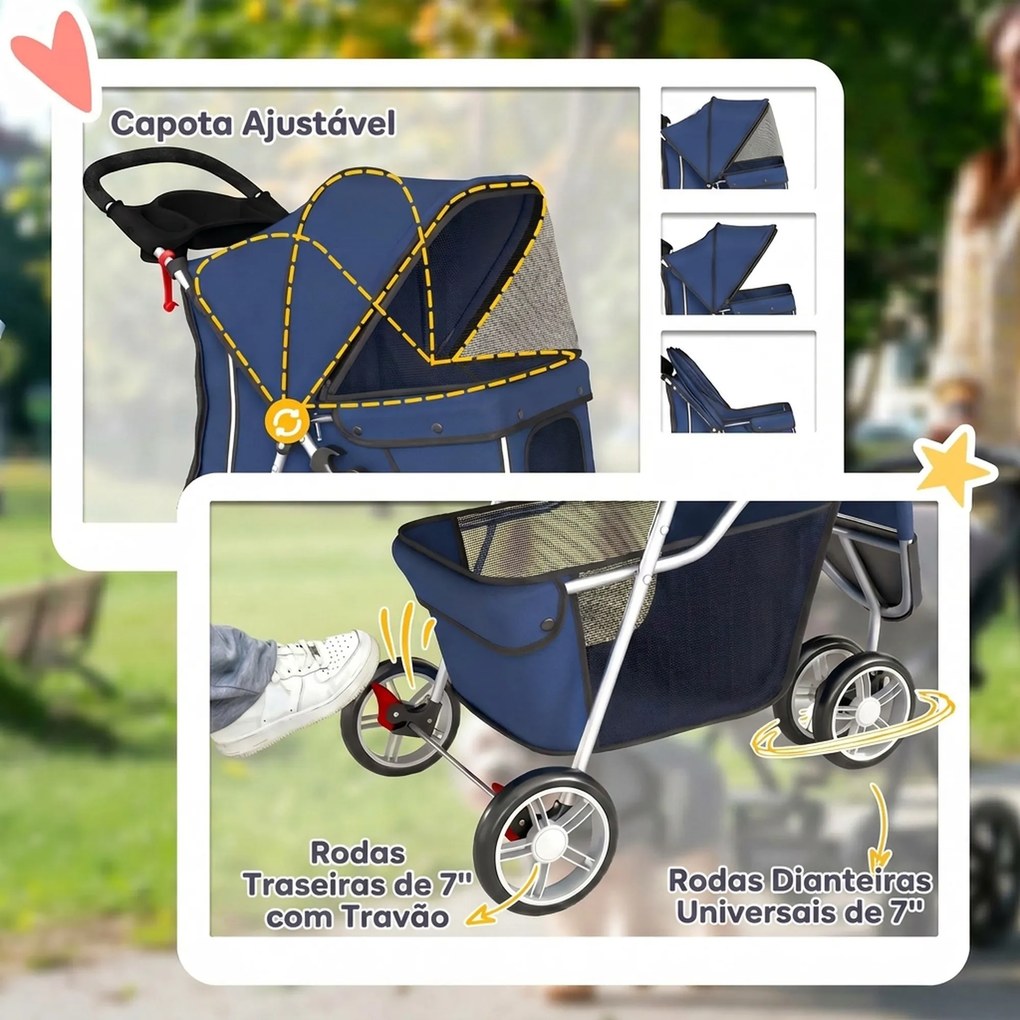 Carrinho Dobrável para Cães Pequenos até 10 kg com 3 Rodas, Capota, Cesta, Janelas em Rede e Porta-copos, Azul-Escuro