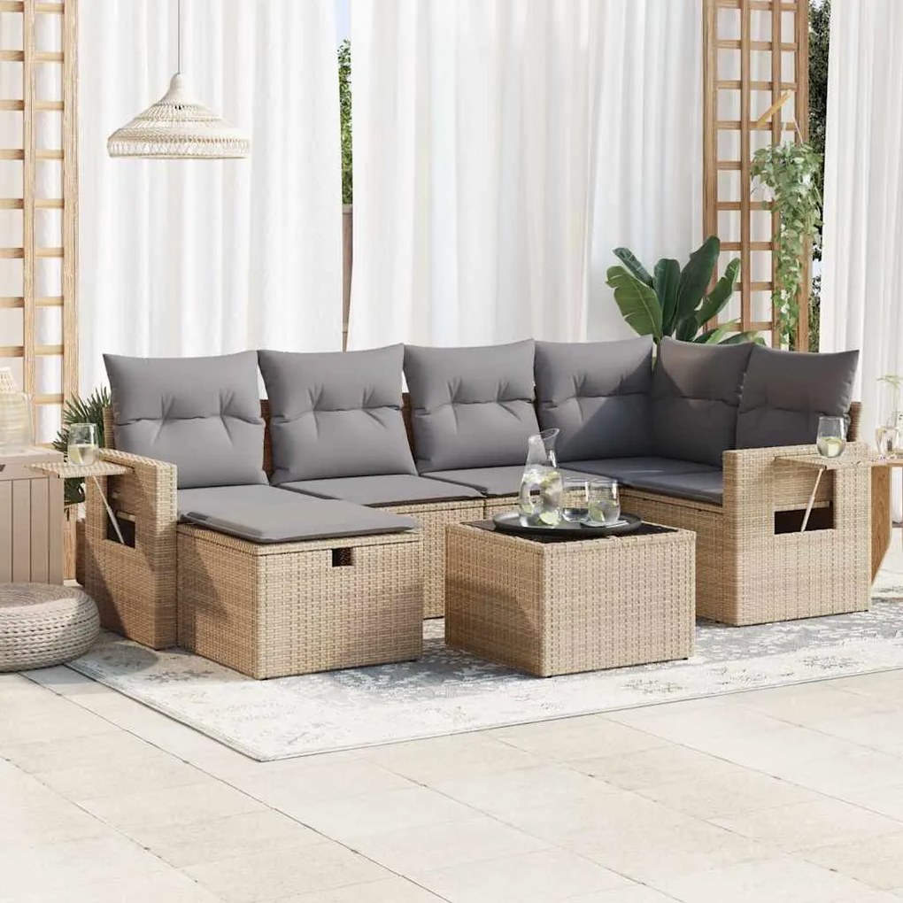 vidaXL 7 pcs conjunto de sofás p/ jardim com almofadões vime PE bege