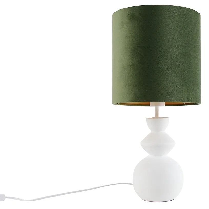 Candeeiro de mesa design com cúpula de veludo branco verde com dourado 25 cm - Alisia