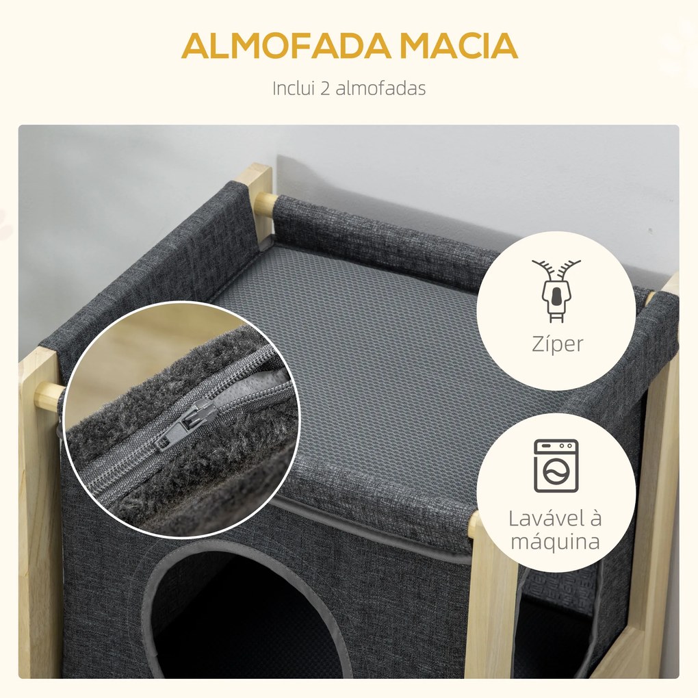 Casa para Gatos de Madeira em Forma de Barril Arranhador para Gatos Casa para Gatos de Interior com 2 Almofadas Amovíveis e Laváveis 40x40x70cm Cinza
