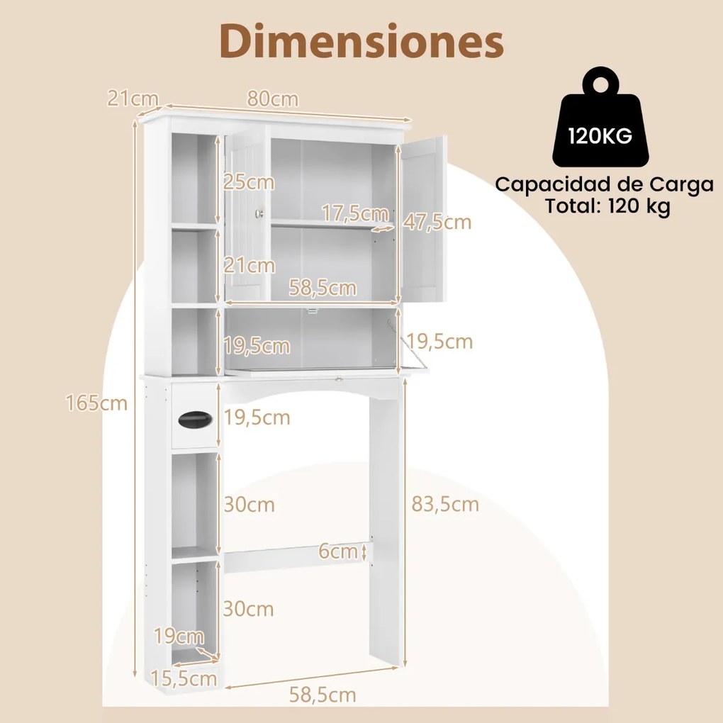 Armário de armazenamento Casa de Banho sobre Sanita com 2 portas 80 cm x 21 cm x 165 cm, prateleira ajustável e barra inferior, suporte para papel hig