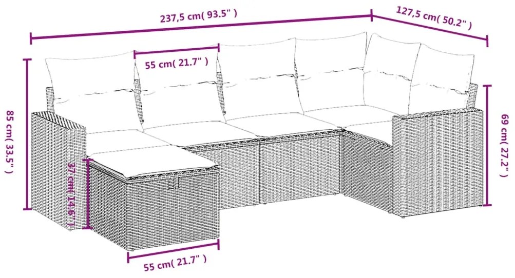 6 pcs conjunto sofás de jardim c/ almofadões vime PE preto