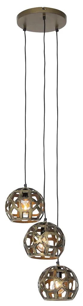 Candeeiro de suspensão industrial dourado antigo redondo 3 luzes - Bobby Industrial