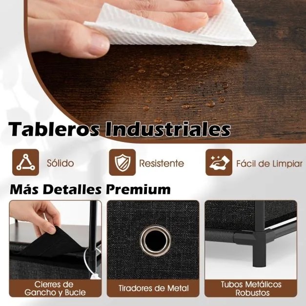 Cómoda com  3 gavetas gavetas de tecido 40 x 30 x 81 cm com superfície de madeira e estrutura metálica Castanho rústico e preto