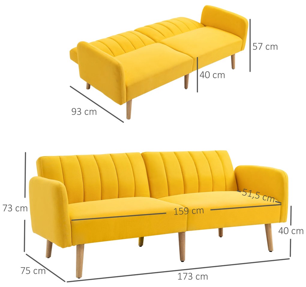 HOMCOM Sofá Cama de 2 Lugares com Encosto Ajustável em 3 Posições Apoio para os Braços Desmontável e Pés de Madeira Sofá Duplo Moderno para