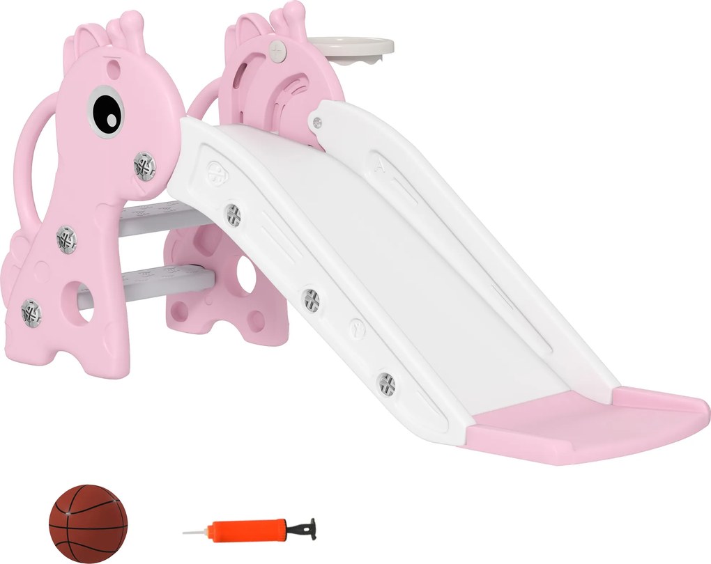 Escorrega infantil 3 em 1 em forma de girafa com cesto de basquetebol, trepa-trepa e bola, 106 x 51,5 x 52 cm, rosa